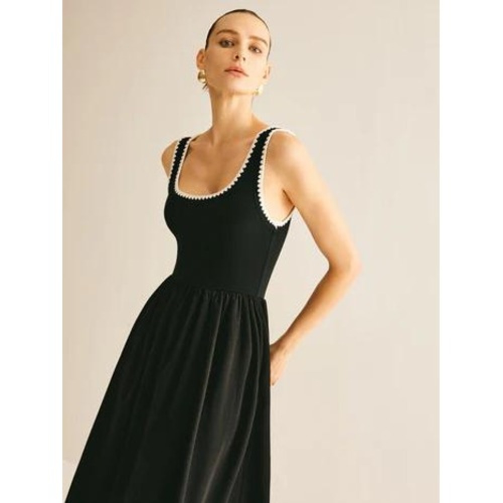 Commense Black Sleeveless Midi Dress White Trim‎ Knit Top Chic Classic S US 4